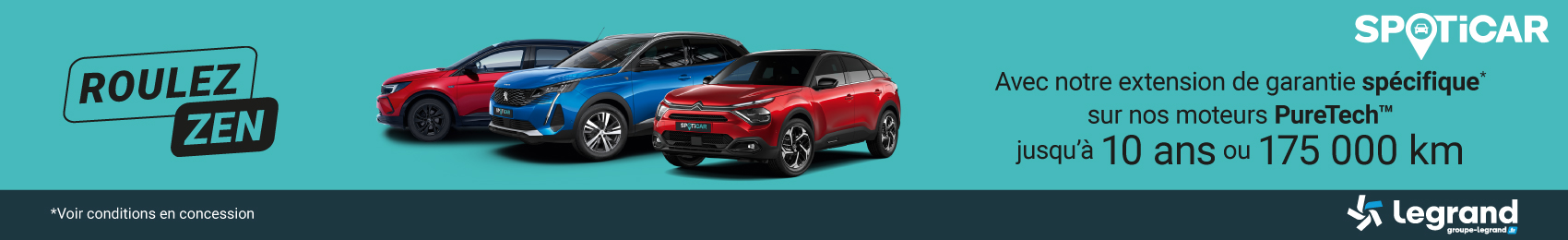 Bannière desktop Roulez Zen avec notre extension de garantie Spoticar sur nos moteurs PureTech™